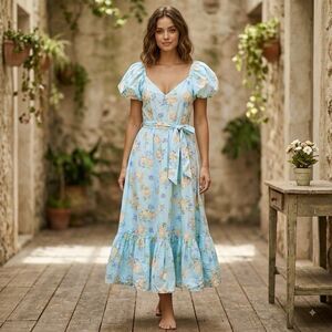 LoveShackFancy x Target Blue Floral Puff Sleeve Midi Dress Sz 8 New Cottagecore